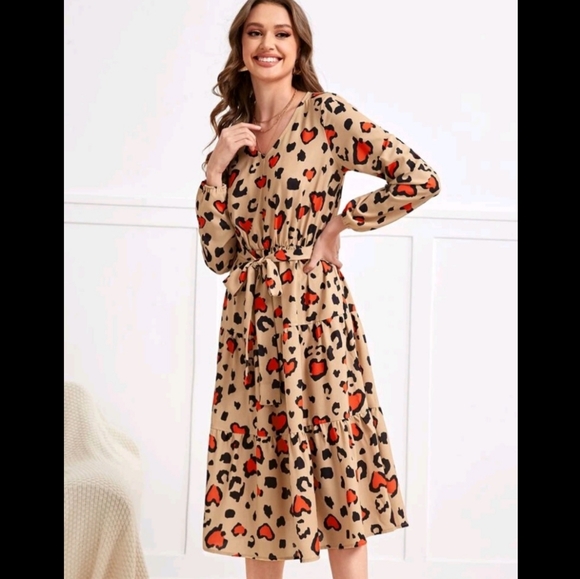 Leopard & Heart Print Ruffle Hem Belted Dress - Picture 6 of 8